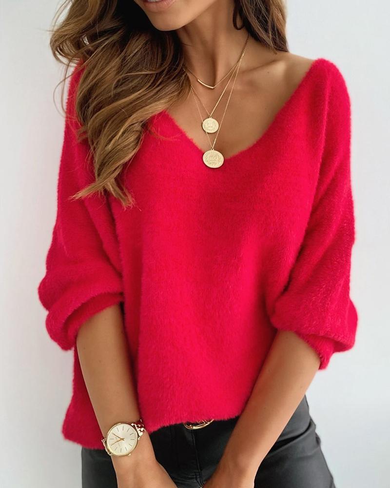 Long Sleeve Fluffy V-Neck Sweater - Red