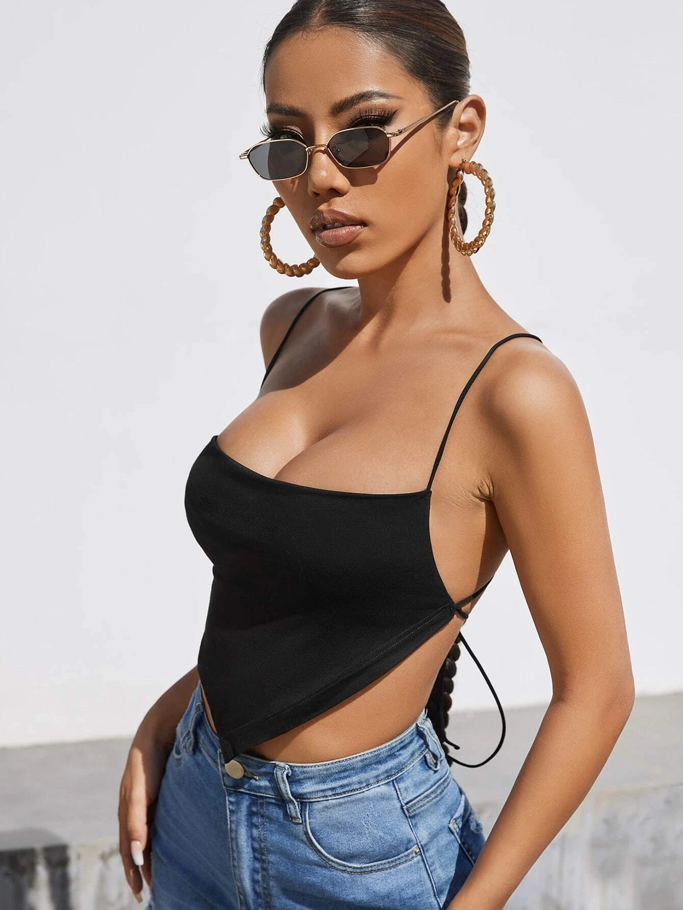 Crisscross Tied Backless Hanky Hem Cami Top
