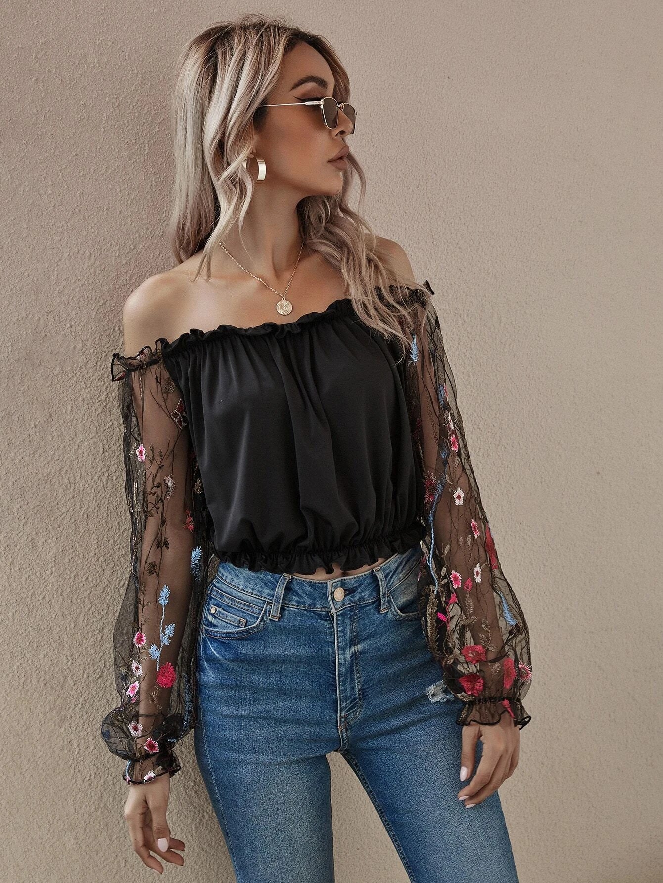 Off the Shoulder Flower Mesh Embroidered Sleeve Bardot Top