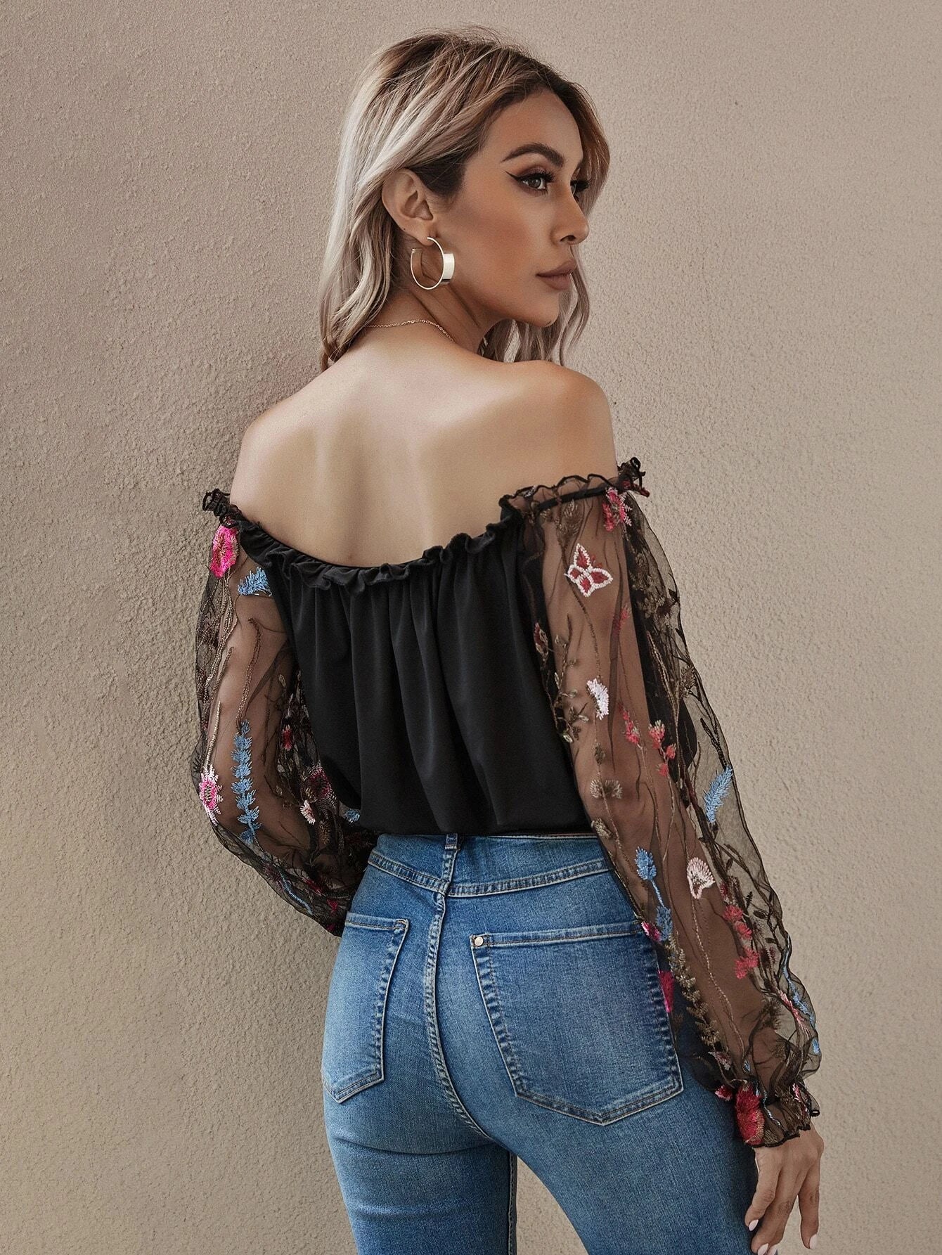 Off the Shoulder Flower Mesh Embroidered Sleeve Bardot Top
