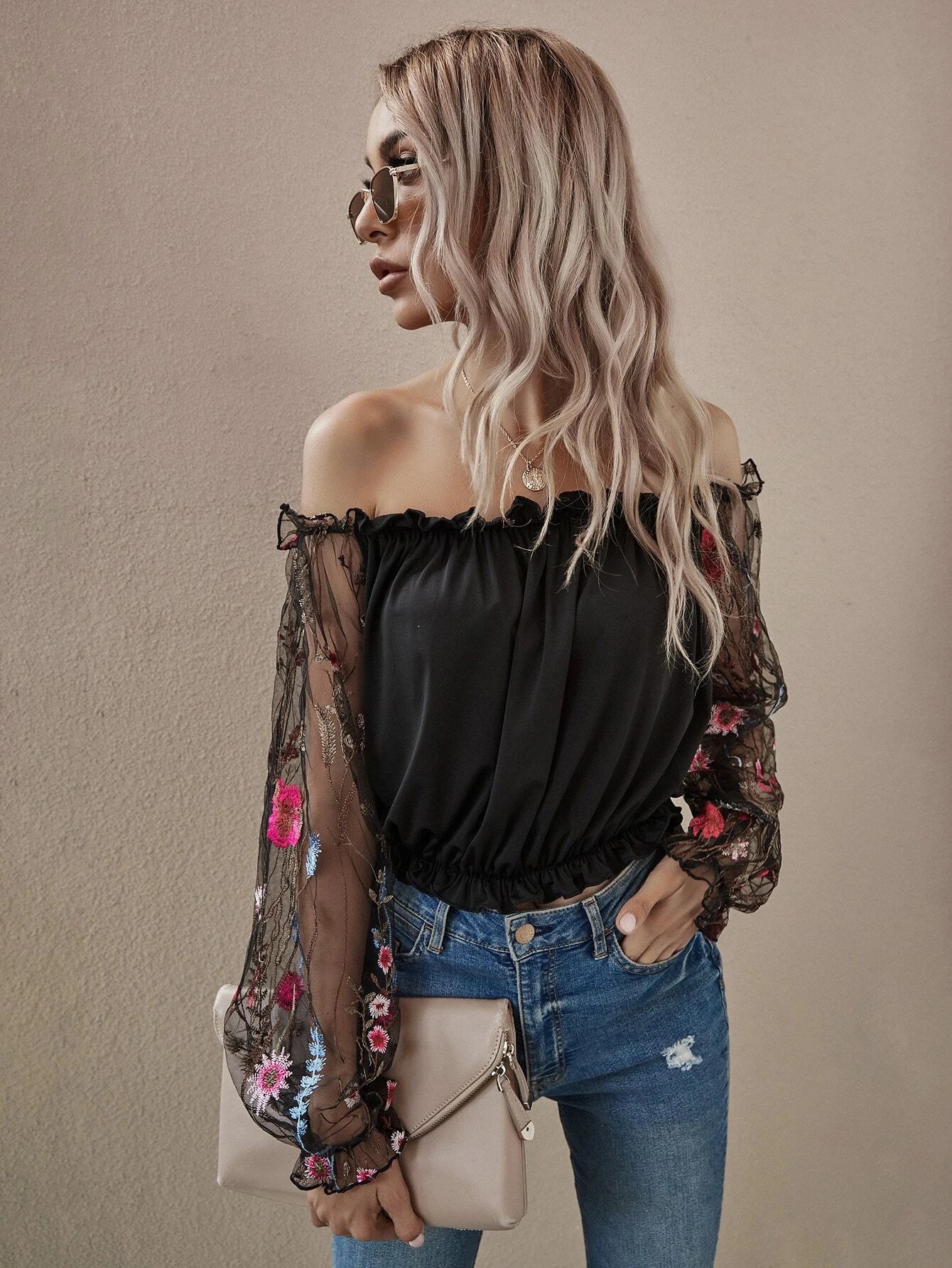 Off the Shoulder Flower Mesh Embroidered Sleeve Bardot Top