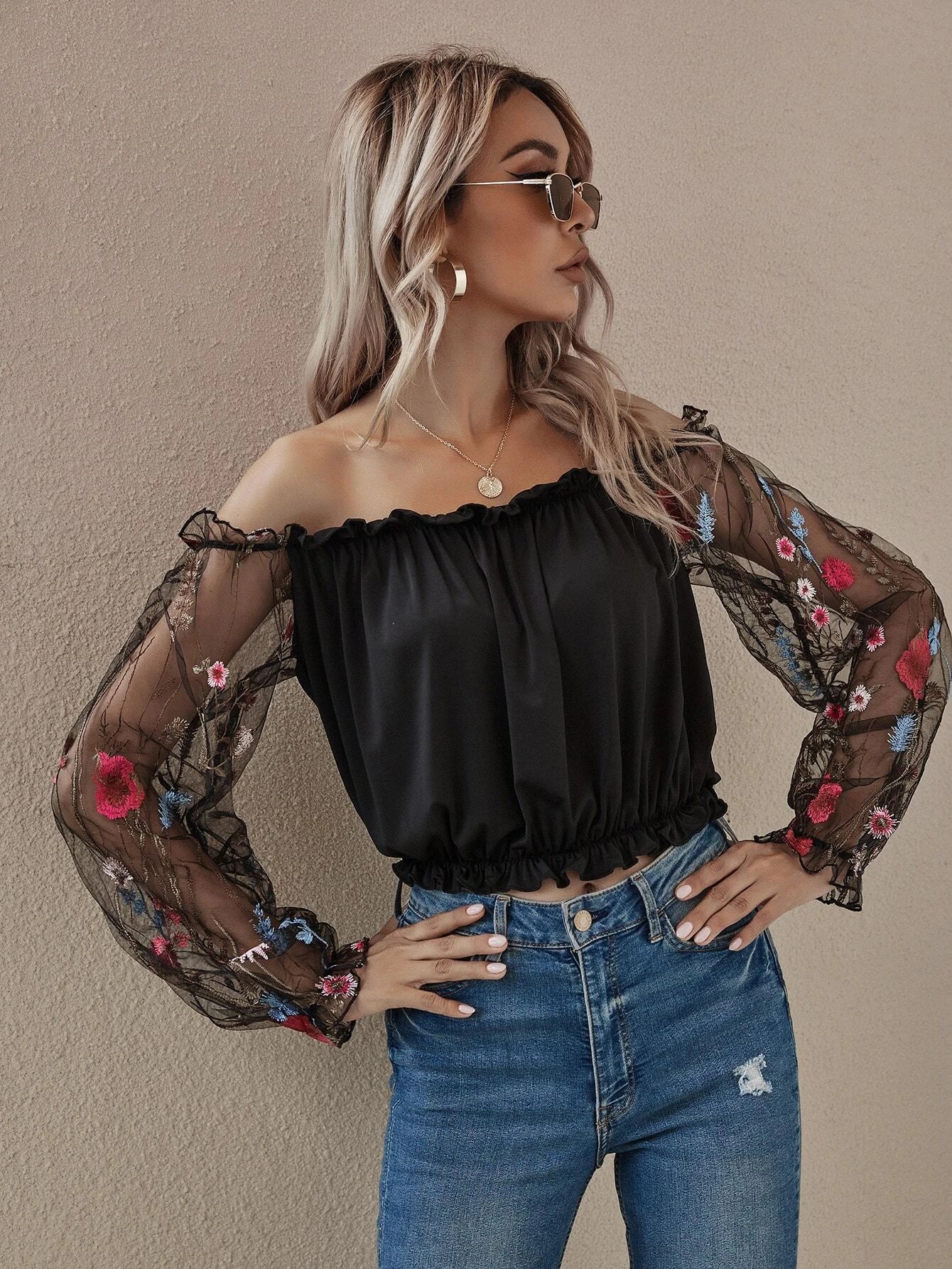 Off the Shoulder Flower Mesh Embroidered Sleeve Bardot Top