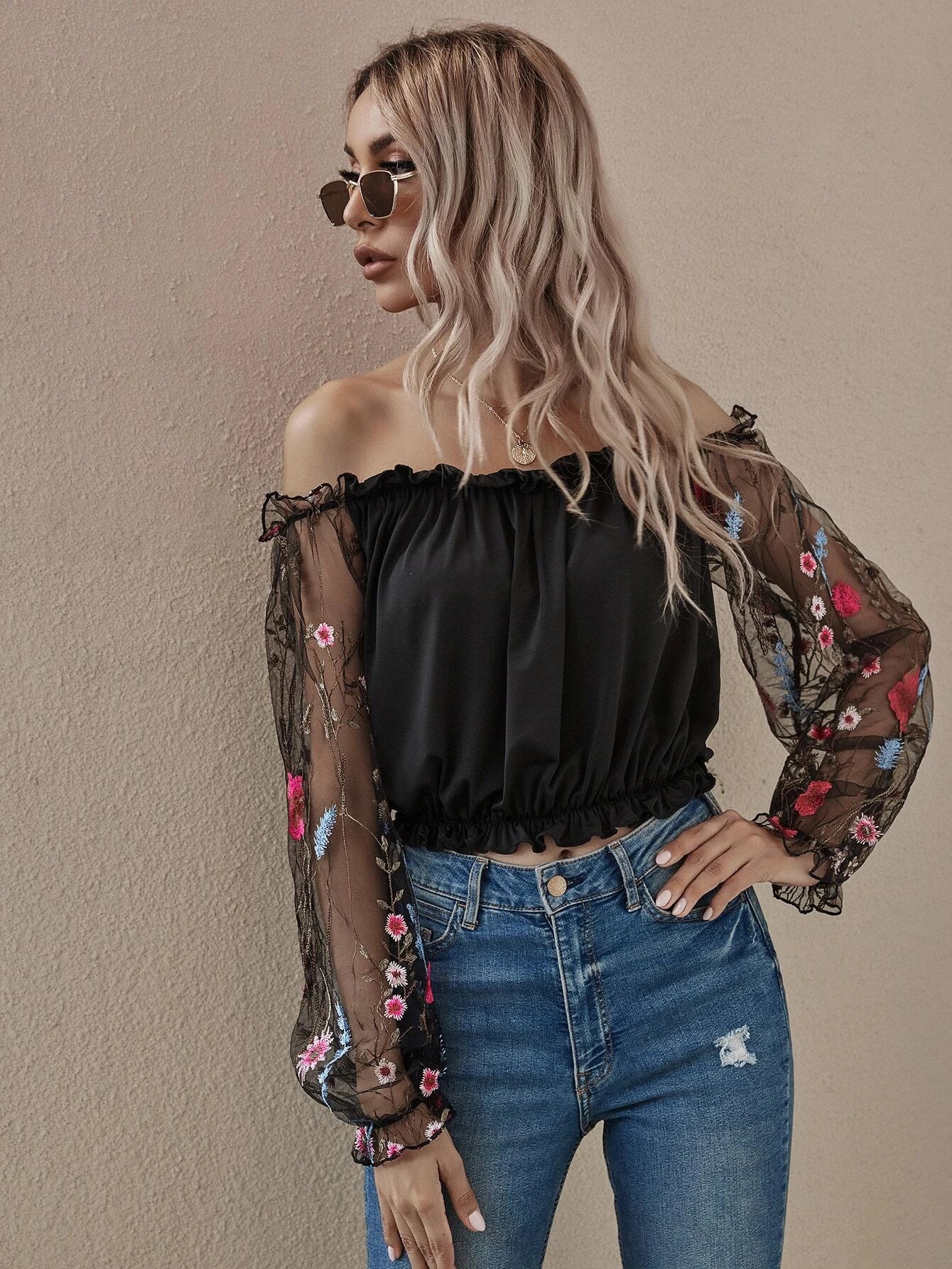 Off the Shoulder Flower Mesh Embroidered Sleeve Bardot Top
