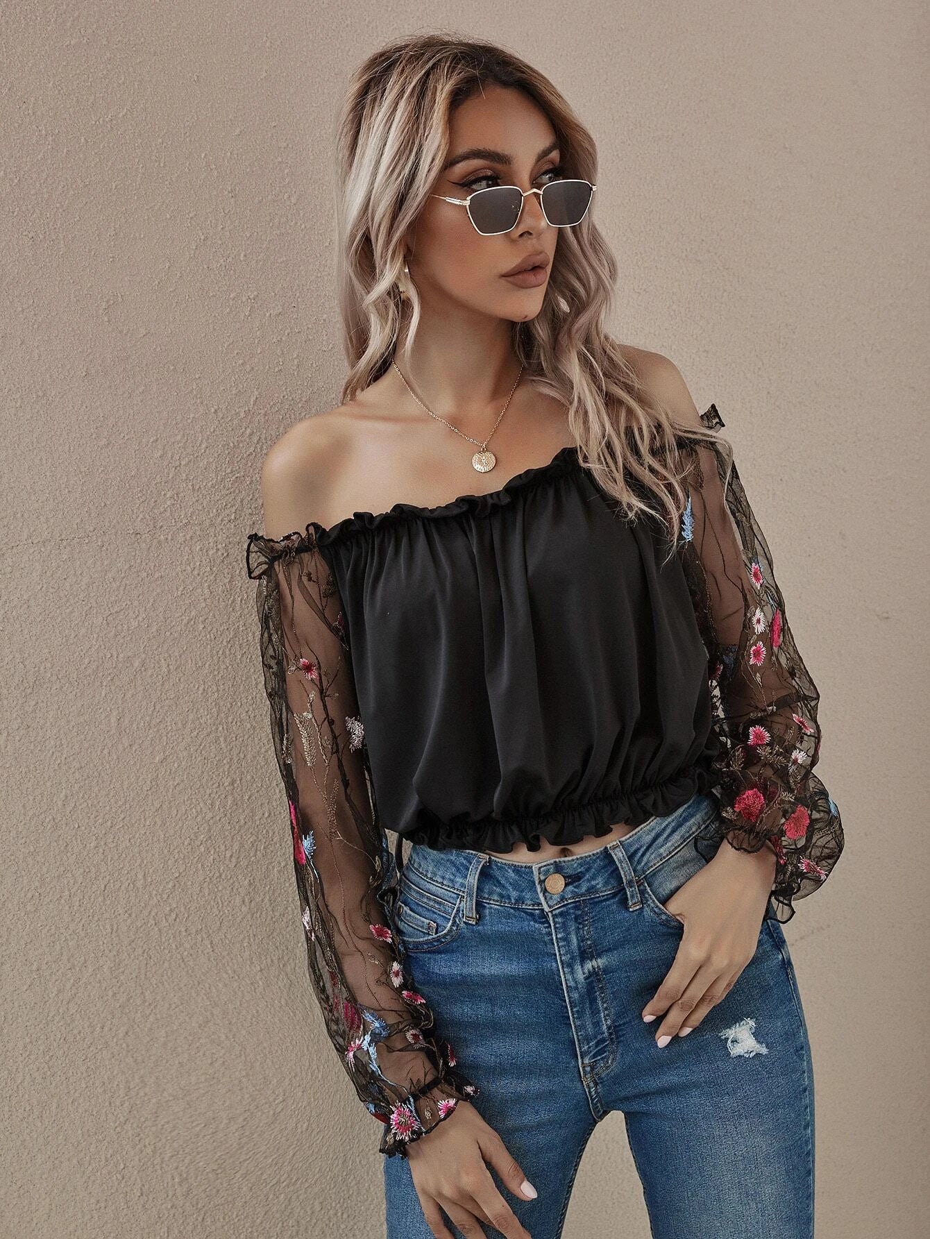 Off the Shoulder Flower Mesh Embroidered Sleeve Bardot Top