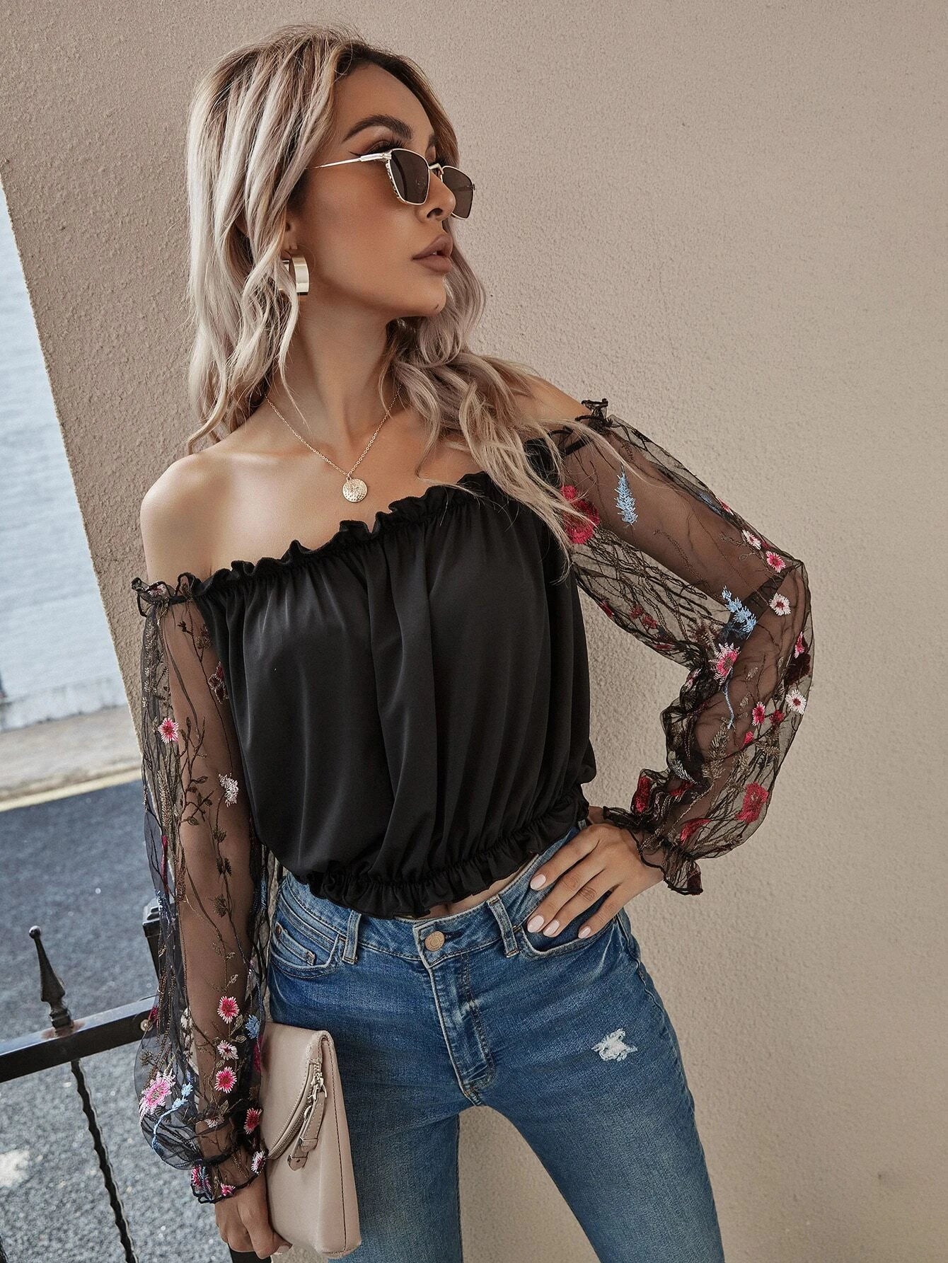Off the Shoulder Flower Mesh Embroidered Sleeve Bardot Top