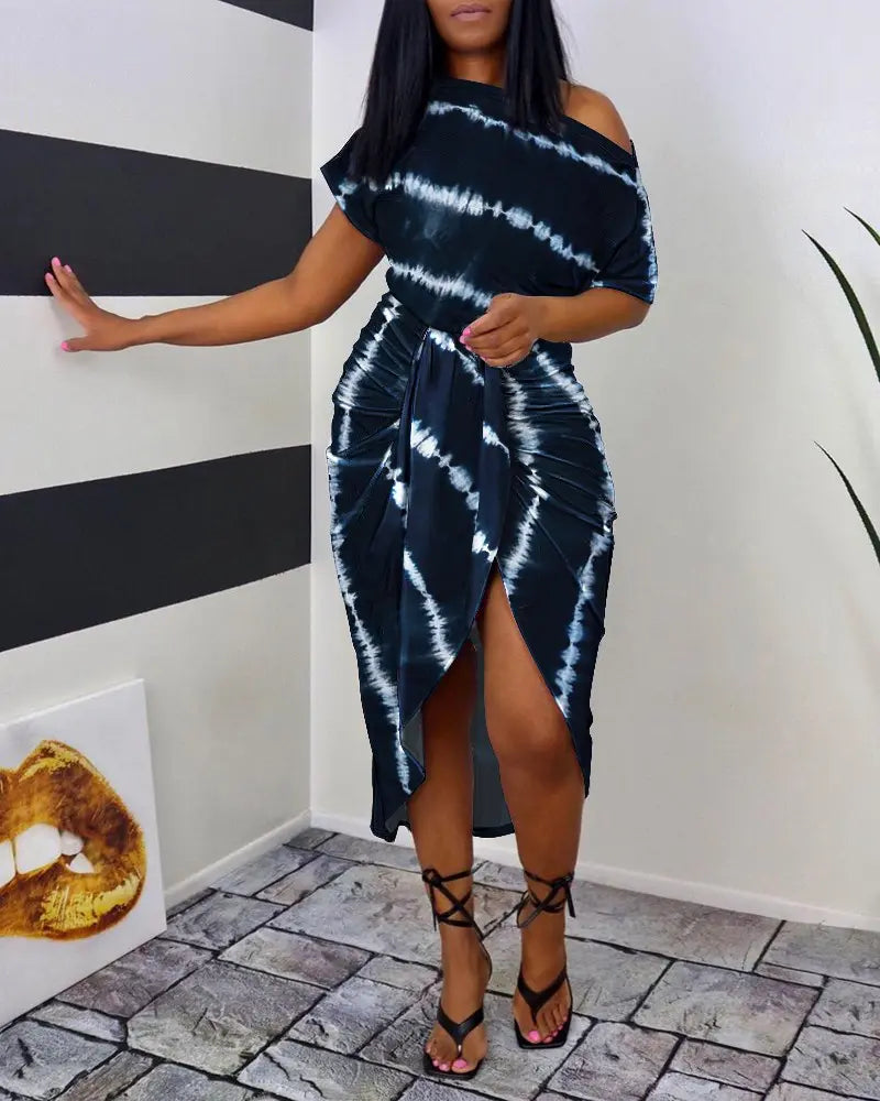 Tie Dye Print Ruched Slit Casual Dress - Navy Blue Glam Clique Tie Dye Print Ruched Slit Casual Dress - Navy Blue Glam Clique