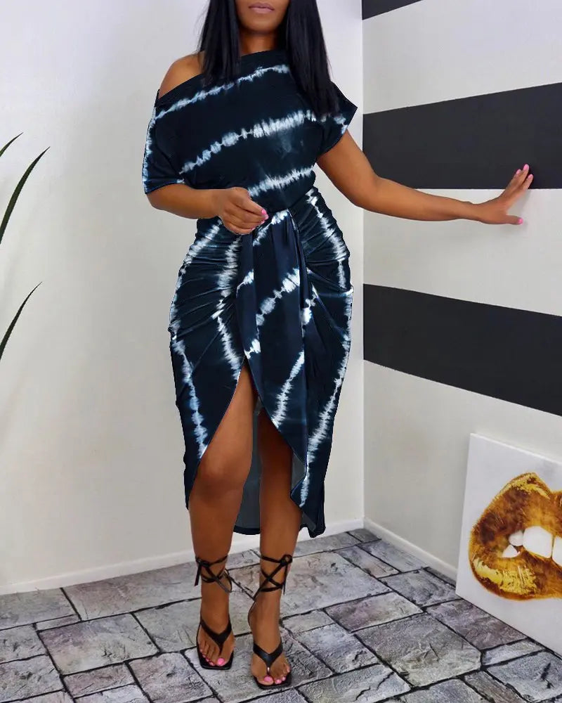 Tie Dye Print Ruched Slit Casual Dress - Navy Blue