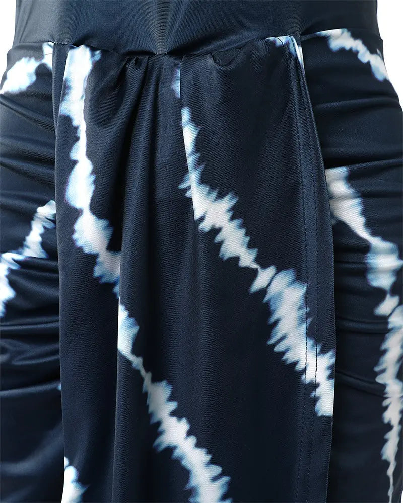 Tie Dye Print Ruched Slit Casual Dress - Navy Blue