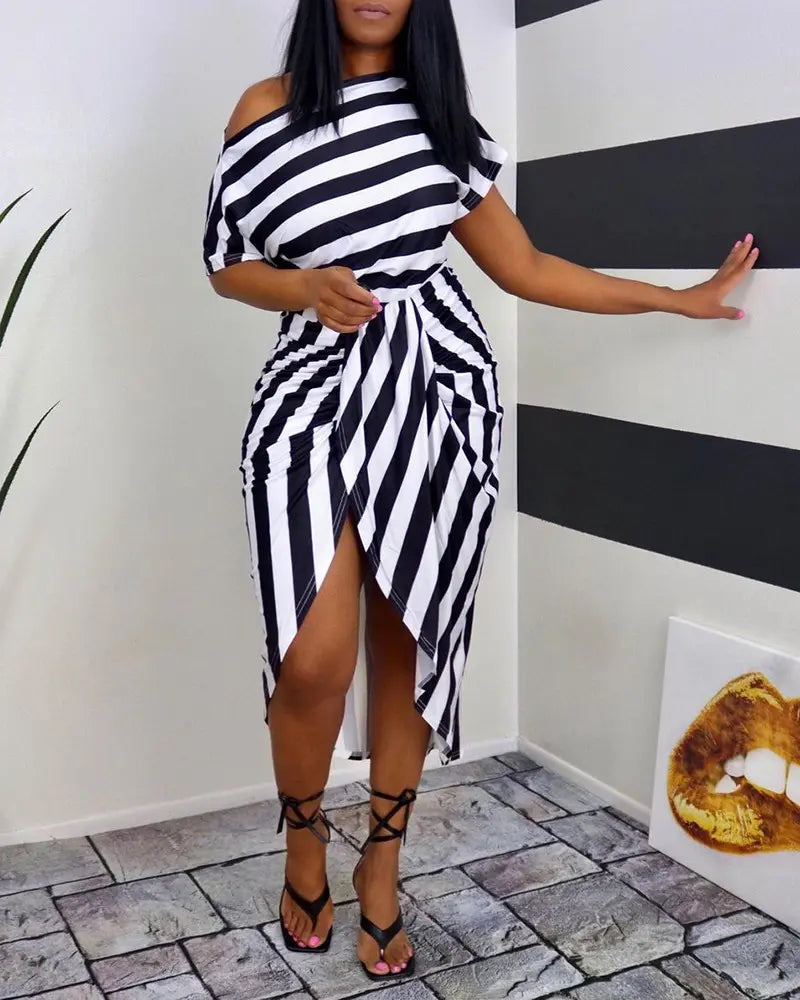 Striped Ruched Slit Casual Dress - Black/White