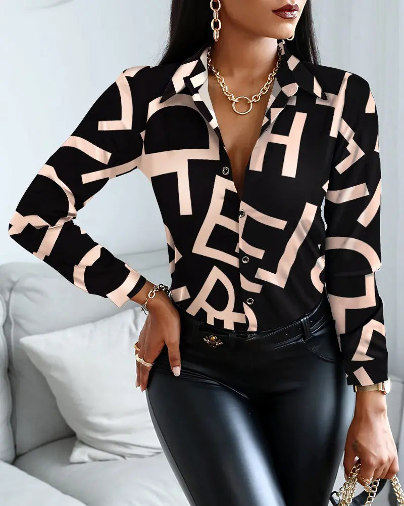 Long Sleeve Letter Print Button Front Top - Black/Tan