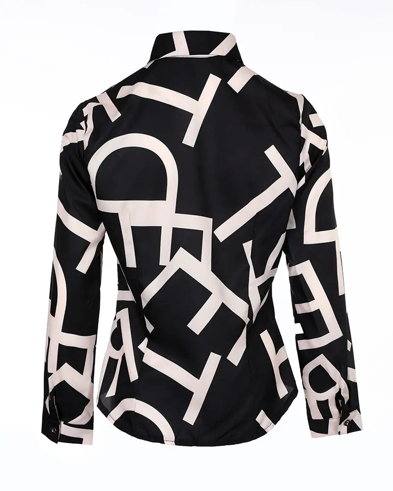 Long Sleeve Letter Print Button Front Top - Black/Tan