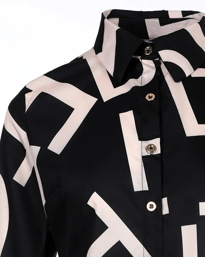 Long Sleeve Letter Print Button Front Top - Black/Tan