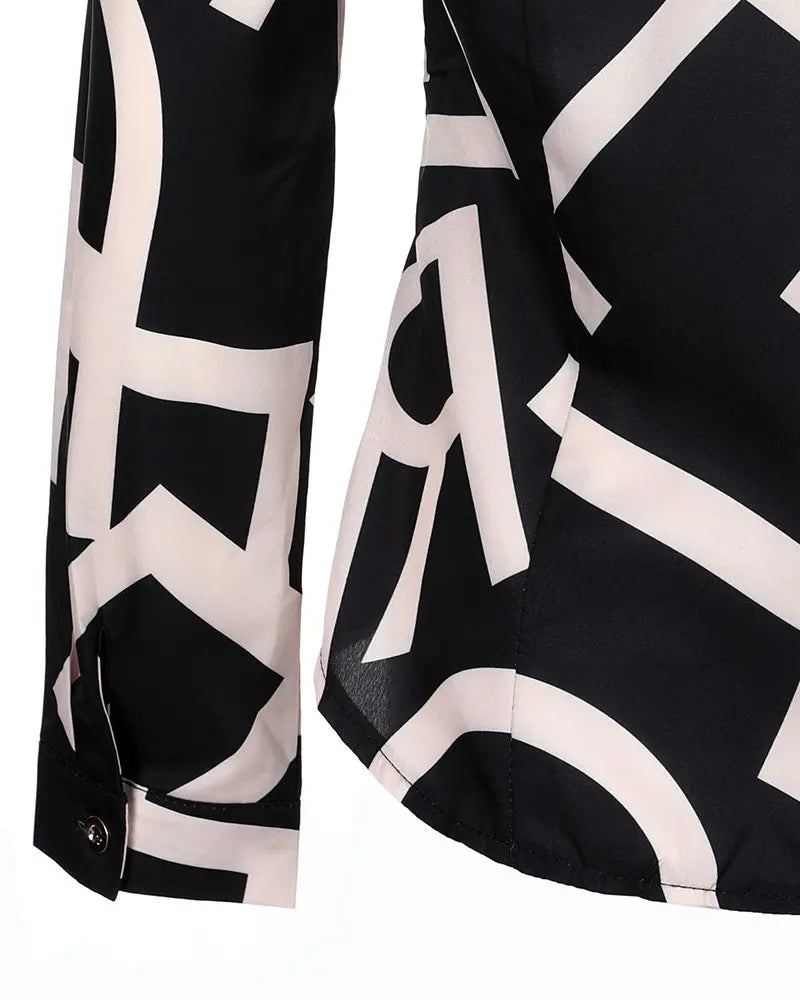 Long Sleeve Letter Print Button Front Top - Black/Tan