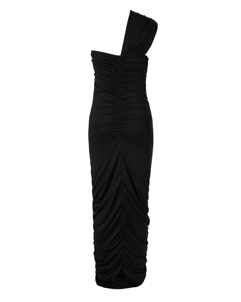 One Shoulder Sleeveless Ruched Party Dress - Black