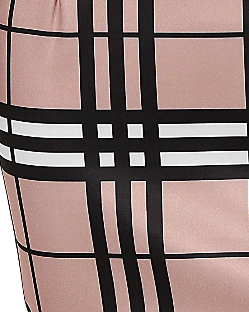 Plaid Print Long Sleeve Belted Work Dress - Tan