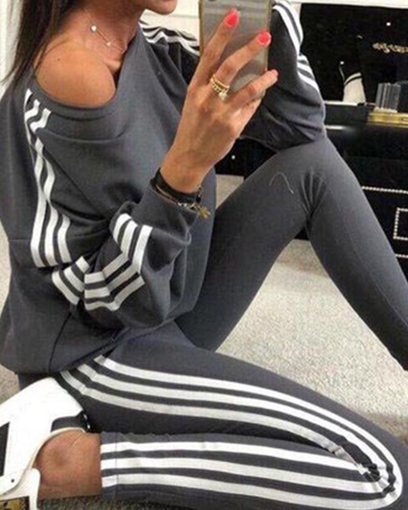 Striped Tape Long Sleeve Top & Pants Set - Gray