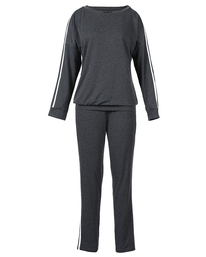Striped Tape Long Sleeve Top & Pants Set - Gray