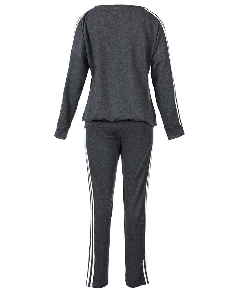 Striped Tape Long Sleeve Top & Pants Set - Gray