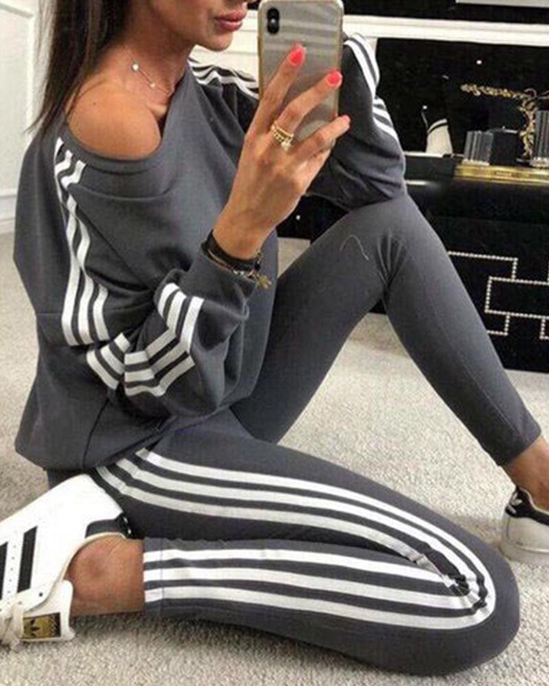 Striped Tape Long Sleeve Top & Pants Set - Gray