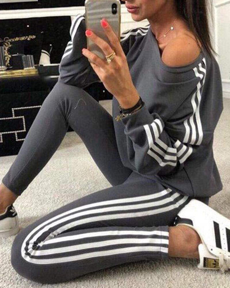 Striped Tape Long Sleeve Top & Pants Set - Gray