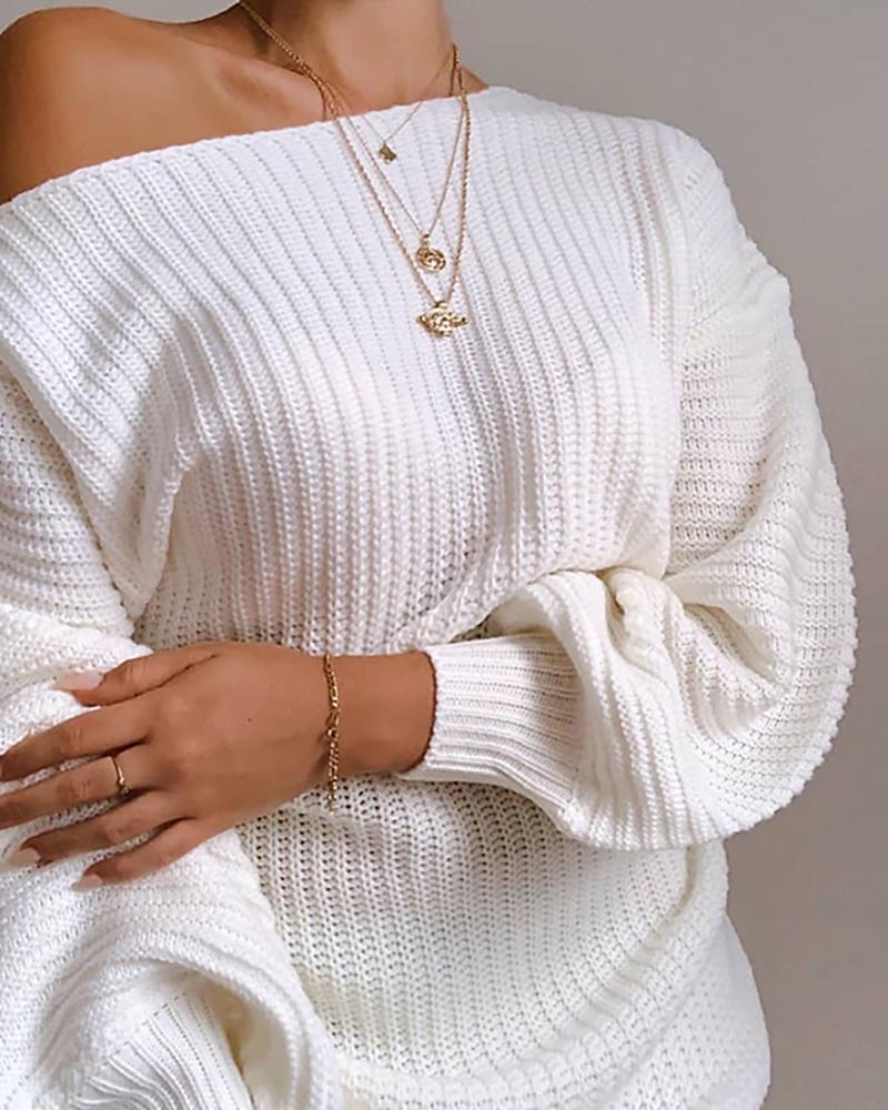 Cold Shoulder Lantern Sleeve Knit Dress - White