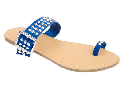 Studded Rhinestone Flat Sandals - Blue