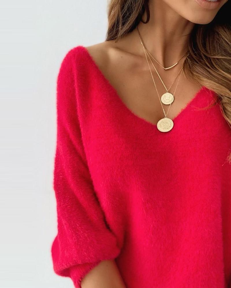 Long Sleeve Fluffy V-Neck Sweater - Red