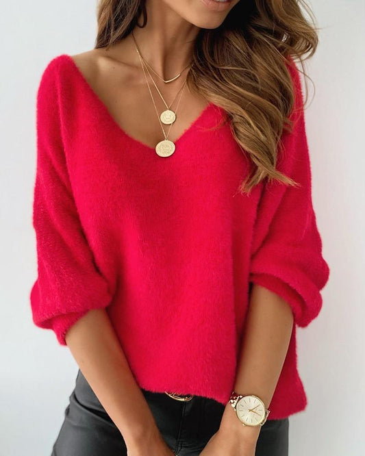 Long Sleeve Fluffy V-Neck Sweater - Red