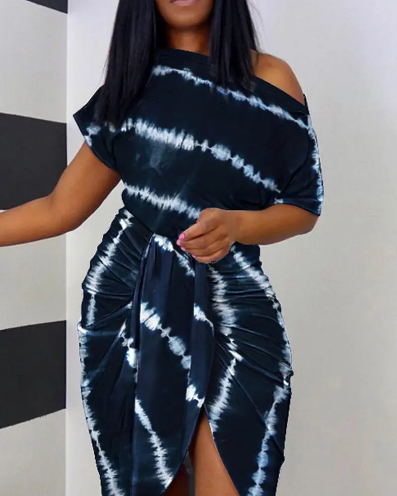 Tie Dye Print Ruched Slit Casual Dress - Navy Blue
