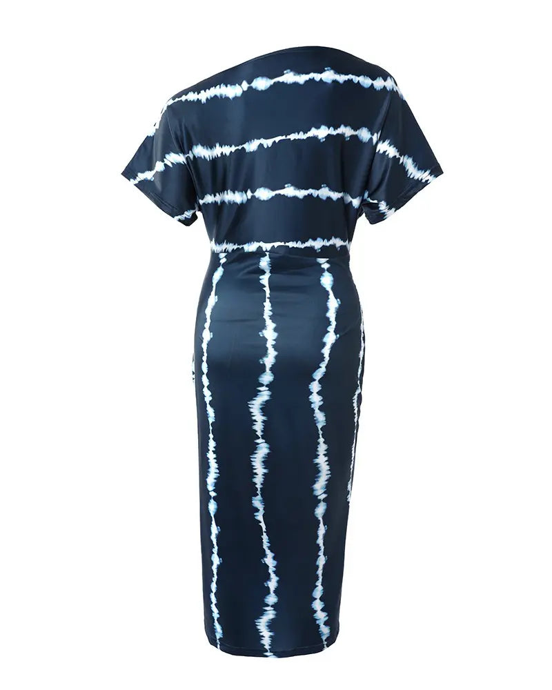 Tie Dye Print Ruched Slit Casual Dress - Navy Blue