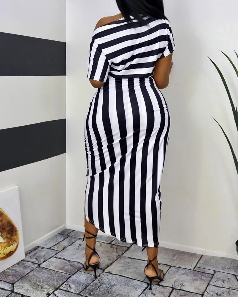 Striped Ruched Slit Casual Dress - Black/White