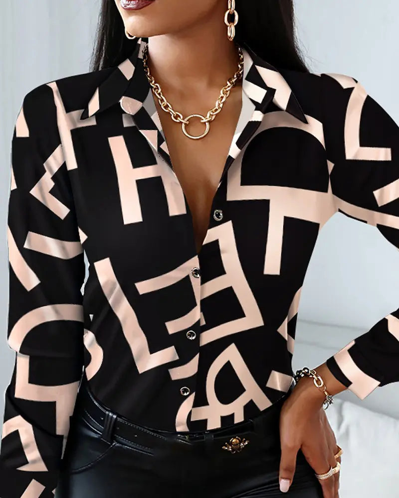 Long Sleeve Letter Print Button Front Top - Black/Tan