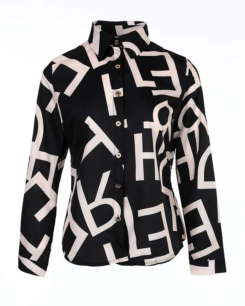 Long Sleeve Letter Print Button Front Top - Black/Tan