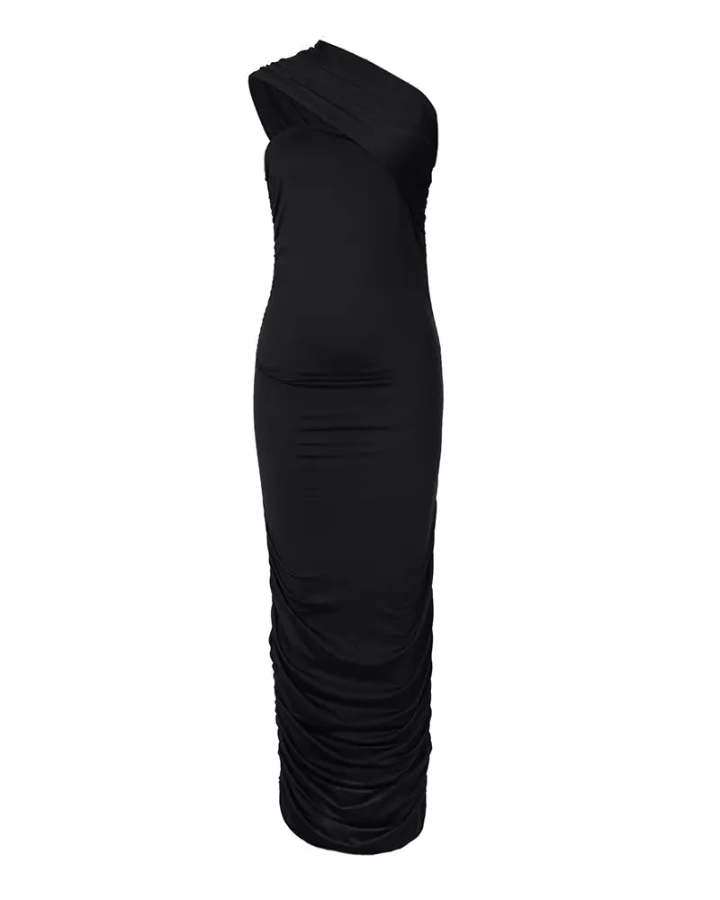 One Shoulder Sleeveless Ruched Party Dress - Black