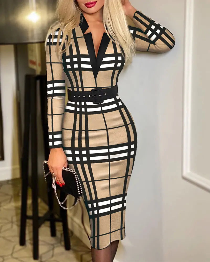 Plaid Print Long Sleeve Belted Work Dress Tan Glam Clique