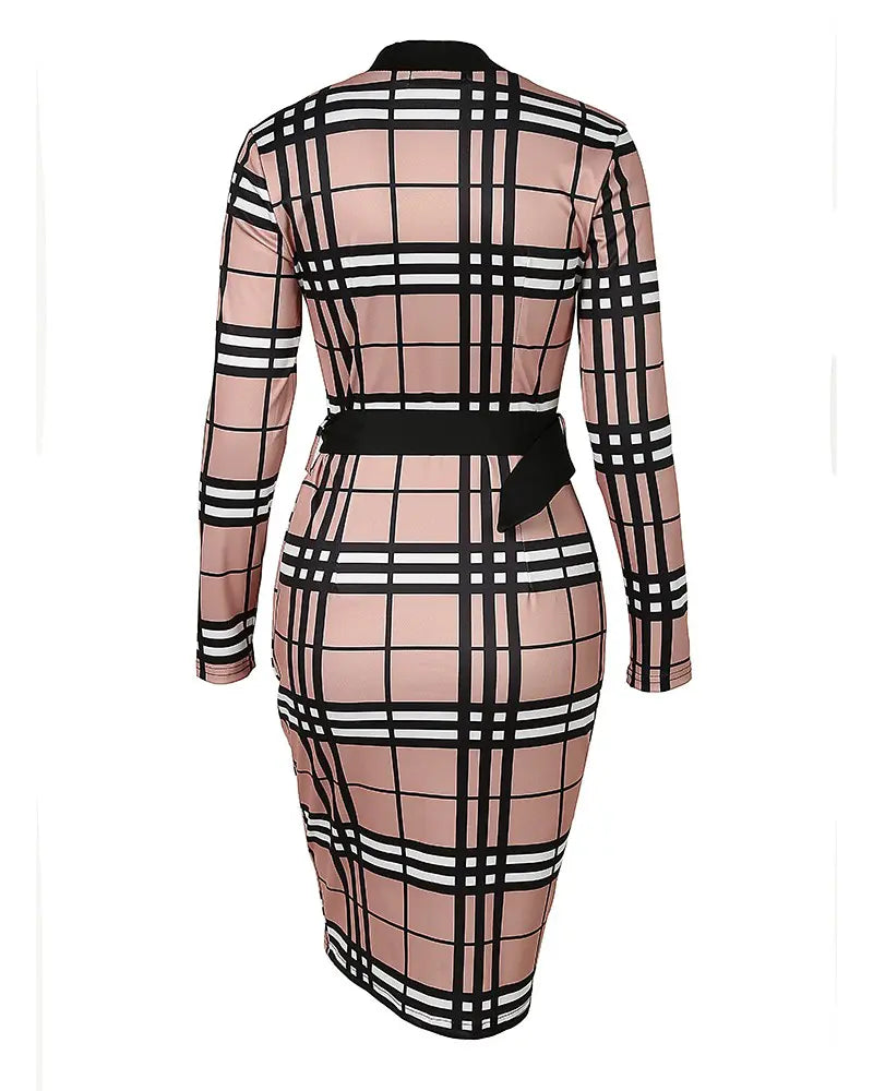 Plaid Print Long Sleeve Belted Work Dress Tan Glam Clique